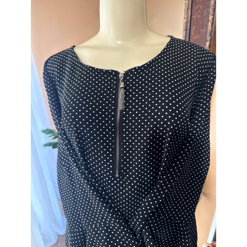 Cathy Polka Dot Zipper Front Blouse XL Black White Tassel Chain Ruffle Sleeve - Picture 4 of 6
